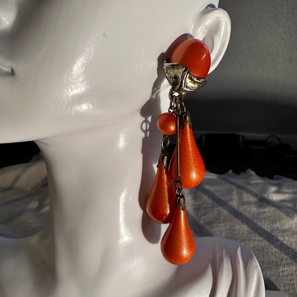 60’s Couture Silver-Tone and Pearlescent Orange Teardrop Earrings